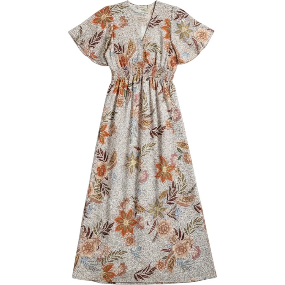 LOVESTITCH Floral Maxi Dress Women Small Orange Tan Boho Flutter Sleeve Smocked